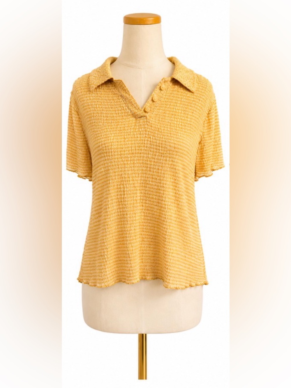 Madewell Textured Stripe Collared Top Women’s Large Yellow Ivory Short Sleeve